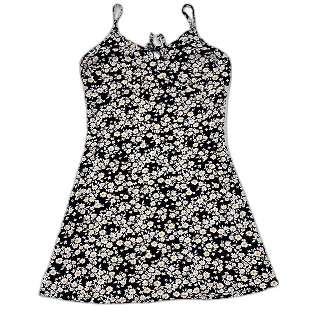 Hollister Women’s Black Ditsy Daisy Slip Summer Dress White Yellow Floral Detail